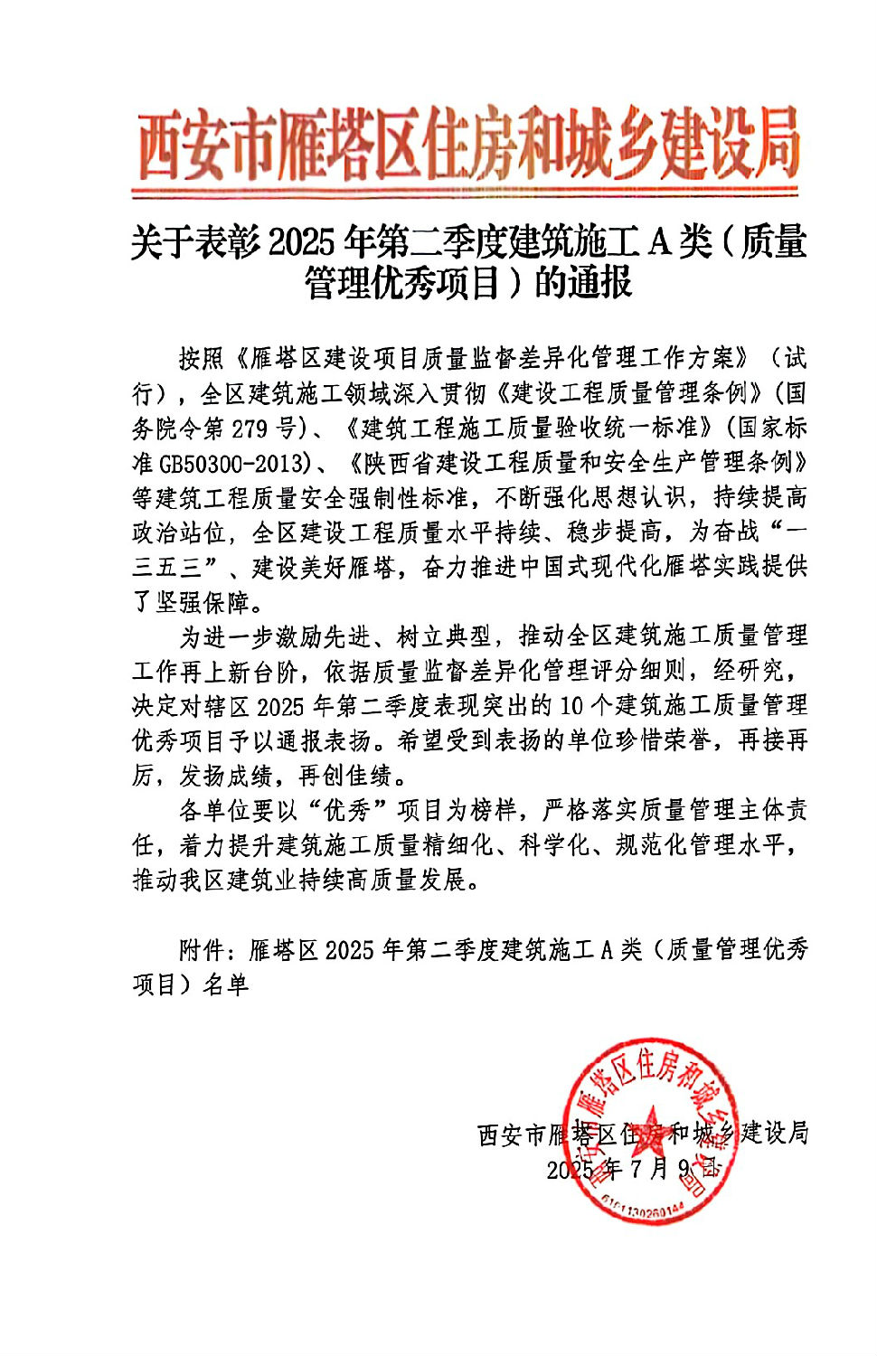 2025年第二季度建筑施工A類（質量管理優秀項目）